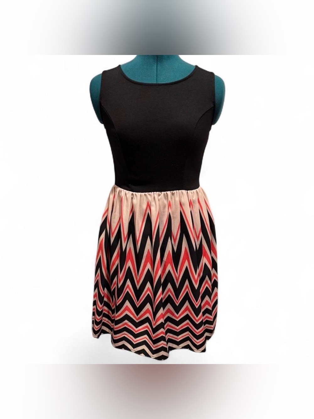 Xhilaration Black Top Chevron Mini Dress with Red and Cream Skirt